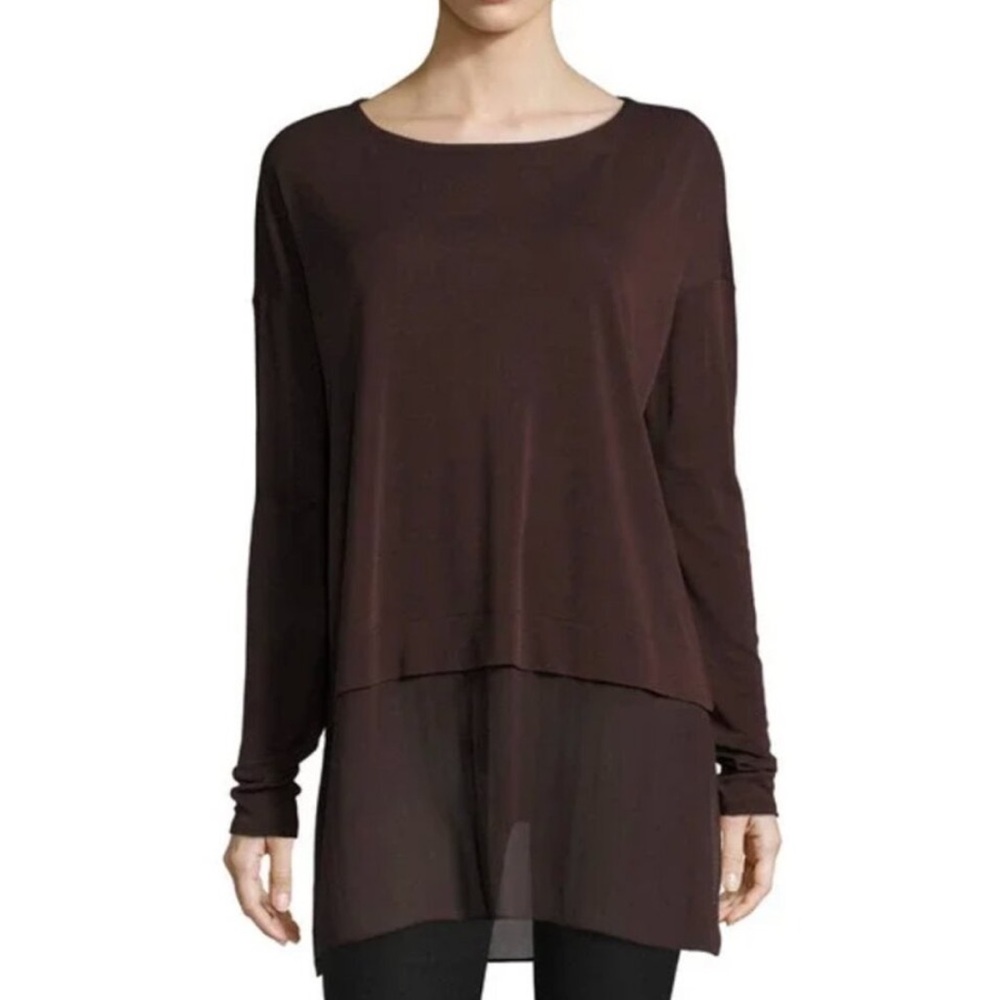 Eileen Fisher black luxury stretch 100% silk top w/ chiffon hem - Size petite S